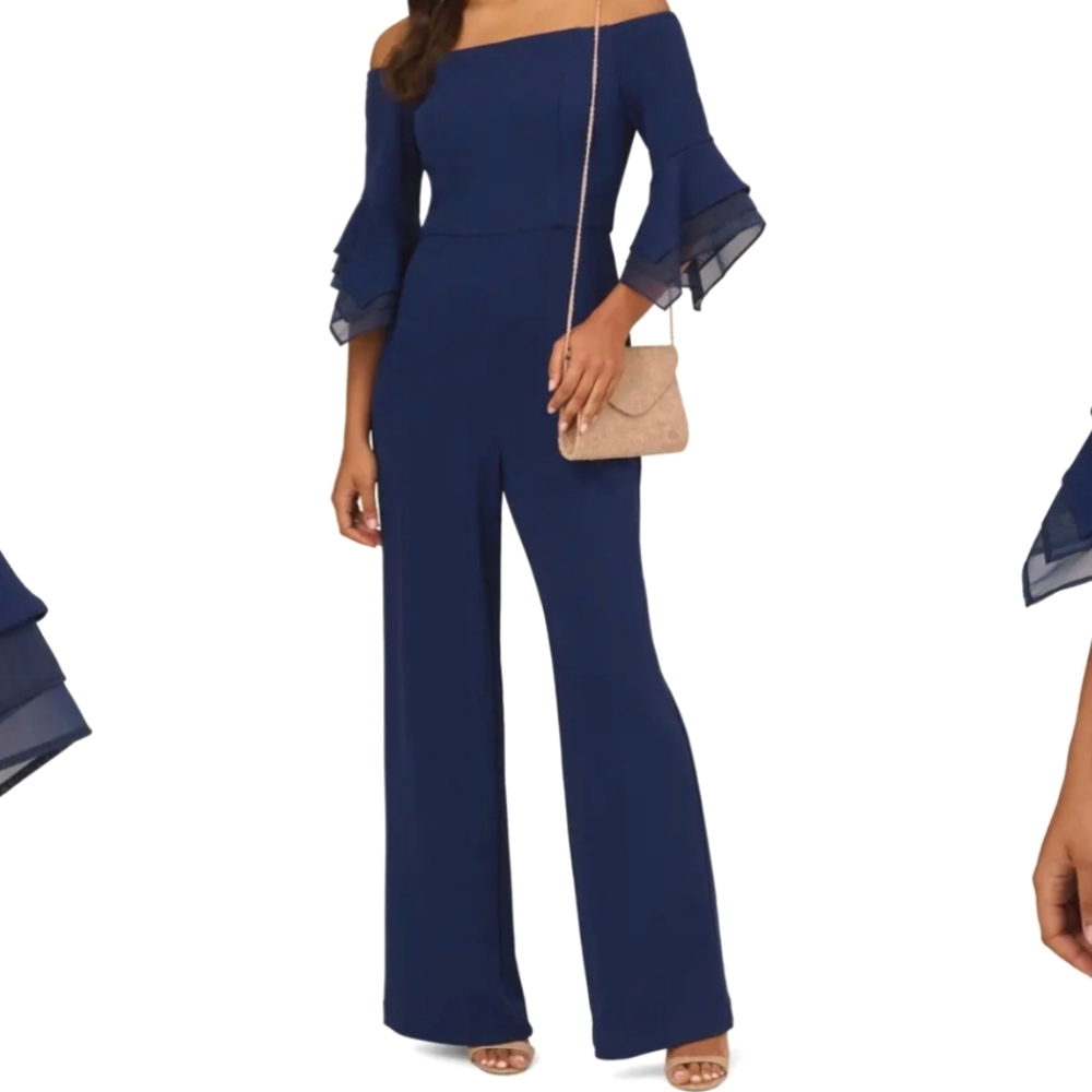 Adrianna Papell Navy Off-The-Shoulder Organza-Sleeve Jumpsuit Sz‎ 4P